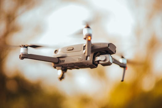 A drone flying outdoors with a blurred background, capturing the essence of modern technology.