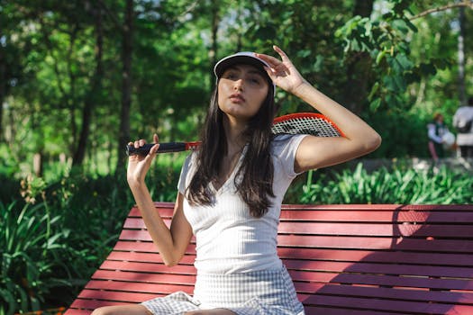 Woman sitting on a bench outdoors with a tennis racket enjoying a sunny day in a park.