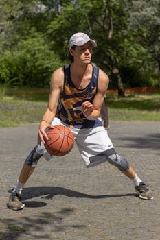 Young man in athletic gear dribbling basketball on sunny day outdoors.
