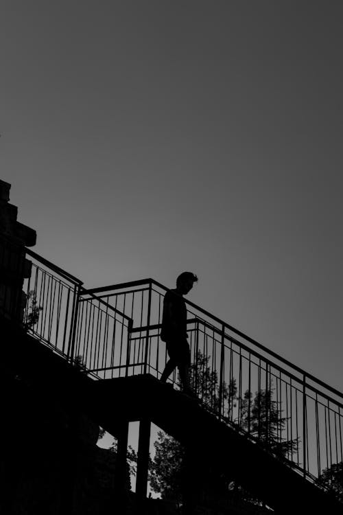 Silhouette of a Man Walking Down the Stairs
