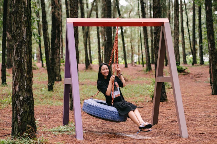 Woman In Black Dress Sitting On A Swing