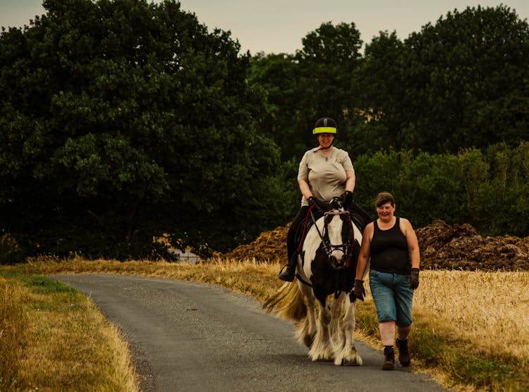 Woman Riding Horse On Rural Road