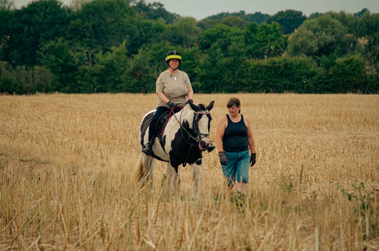 Woman Riding On A Horse With Her Friend Walking By 