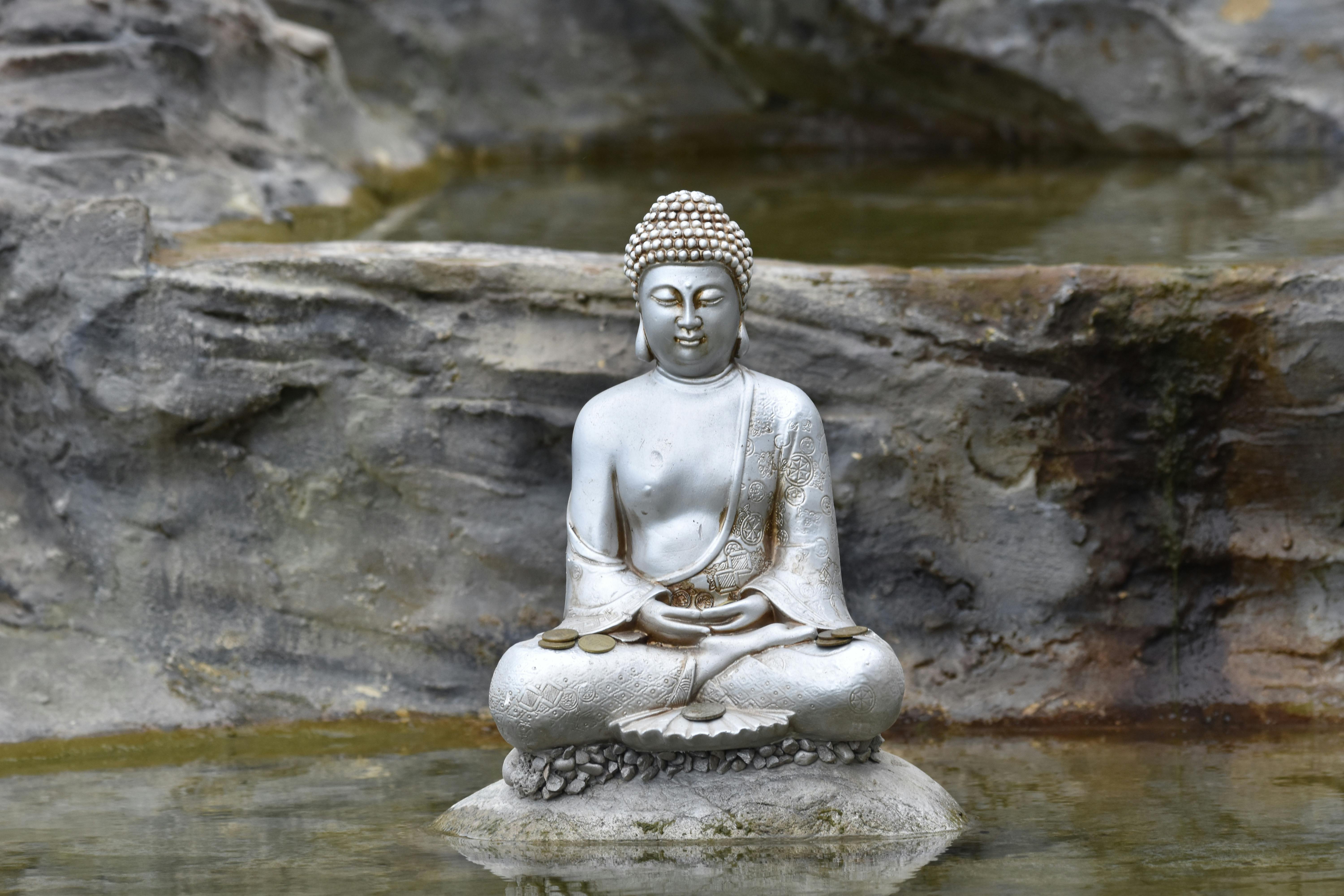 A peaceful Buddha statue in a calm outdoor rock and water setting.