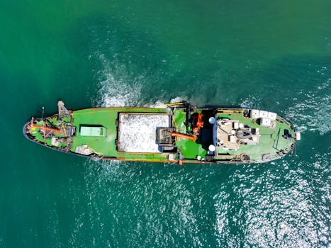 Aerial shot of a cargo ship on the ocean, showcasing shipping and marine transport.