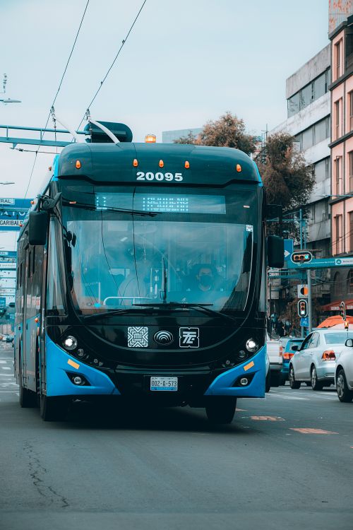 Free Blue public bus traveling on a busy urban street with cars and buildings visible. Stock Photo