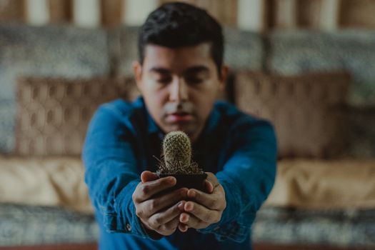 Man Holding Cactus Plant