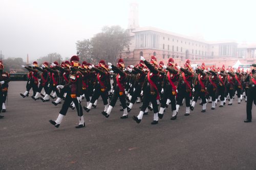Free Indian soldiers in ceremonial uniform march during a Republic Day parade. Stock Photo