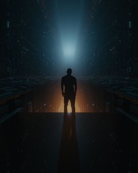 A lone figure stands illuminated in a dimly lit, futuristic sci-fi corridor with glowing edges.