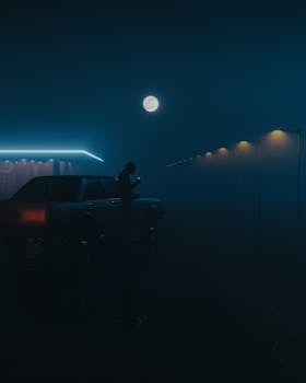Silhouette of person beside a car under a full moon and neon lights at night.