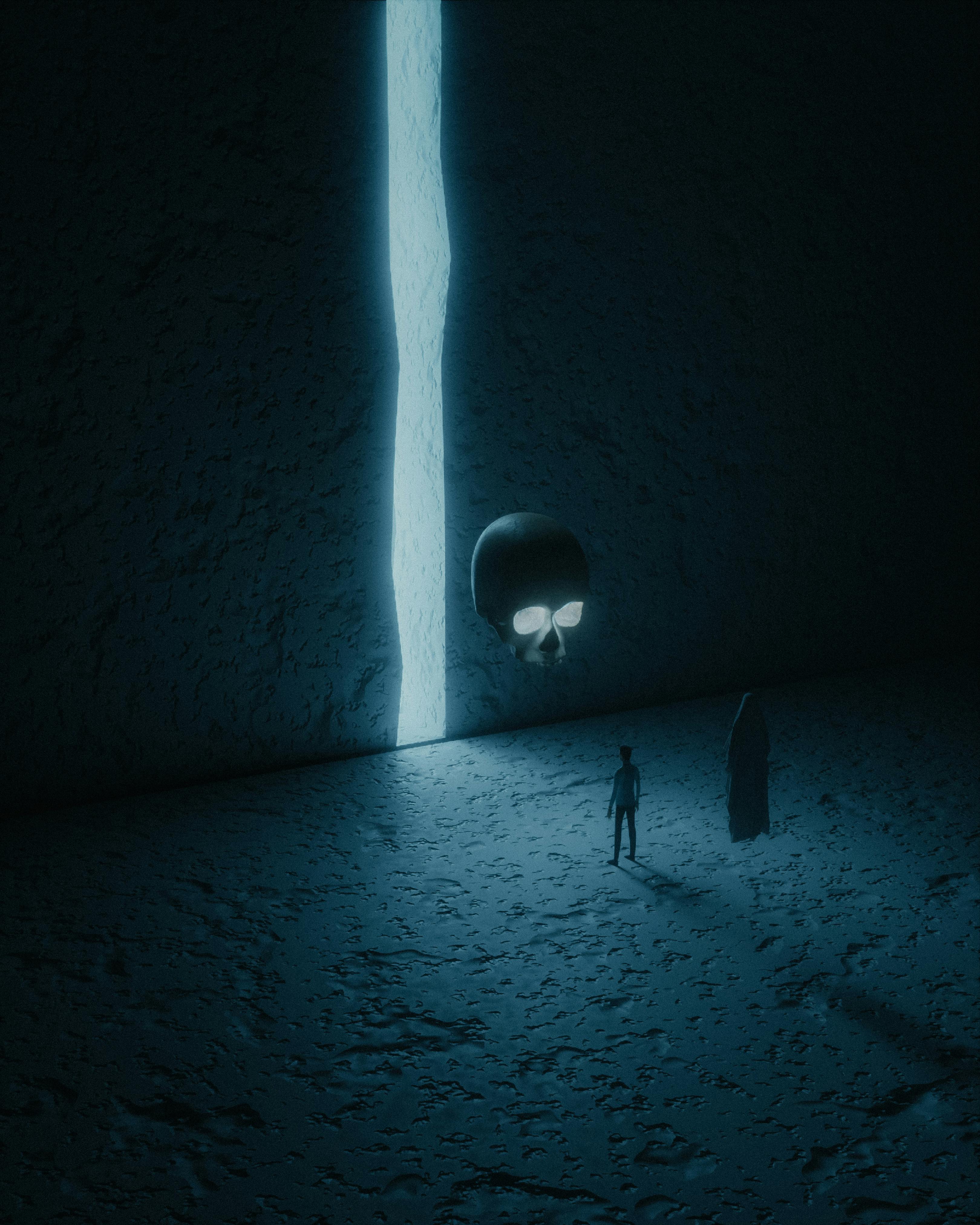 Eerie night scene featuring a glowing skull and two figures near a light-filled crevice.
