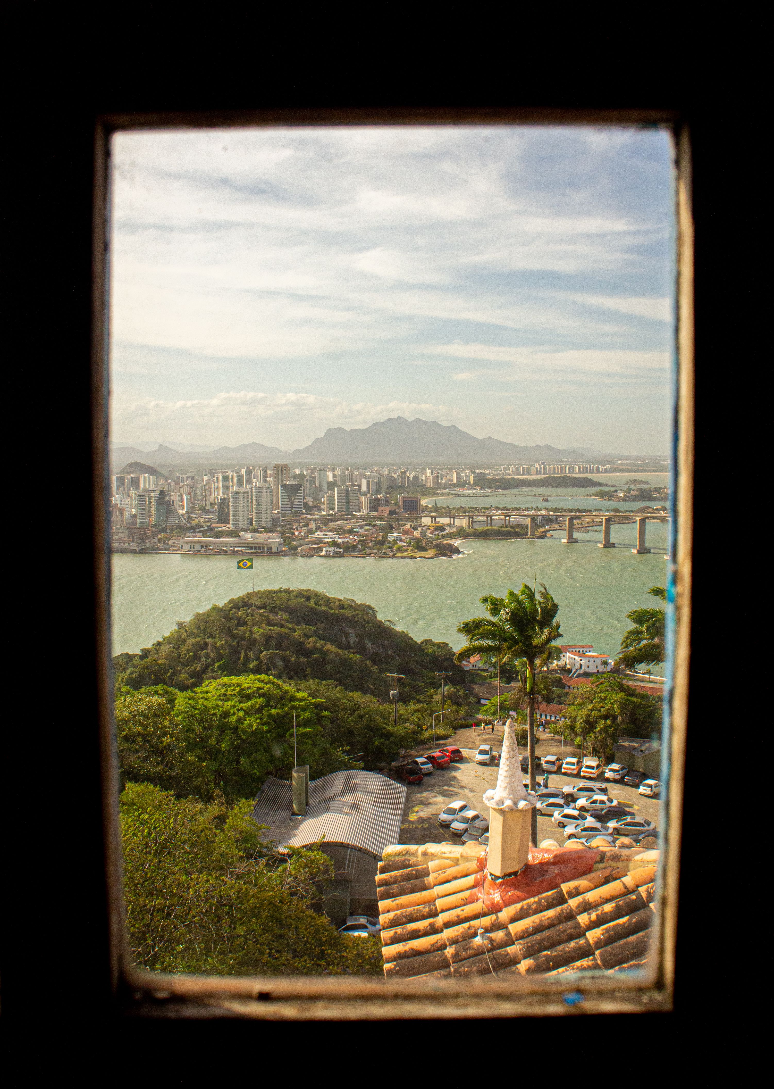 View of a vibrant city skyline and river through a window frame with lush greenery.