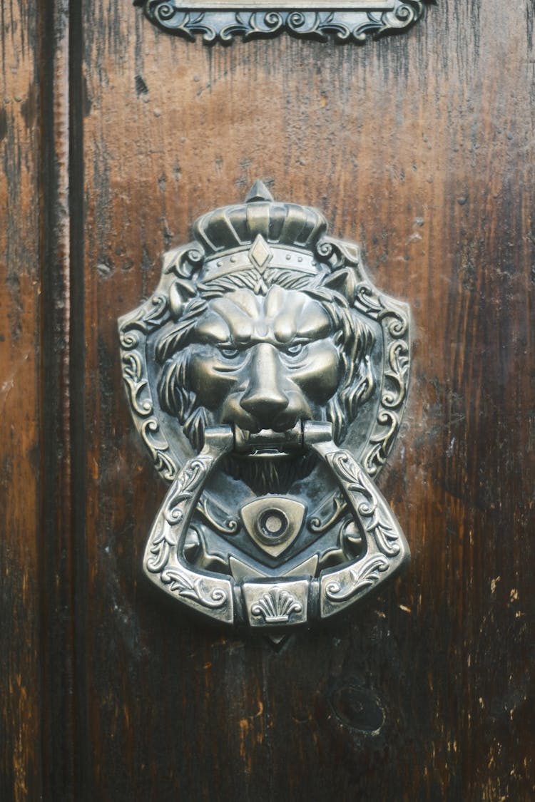 Metal Door Knocker On A Wooden Door