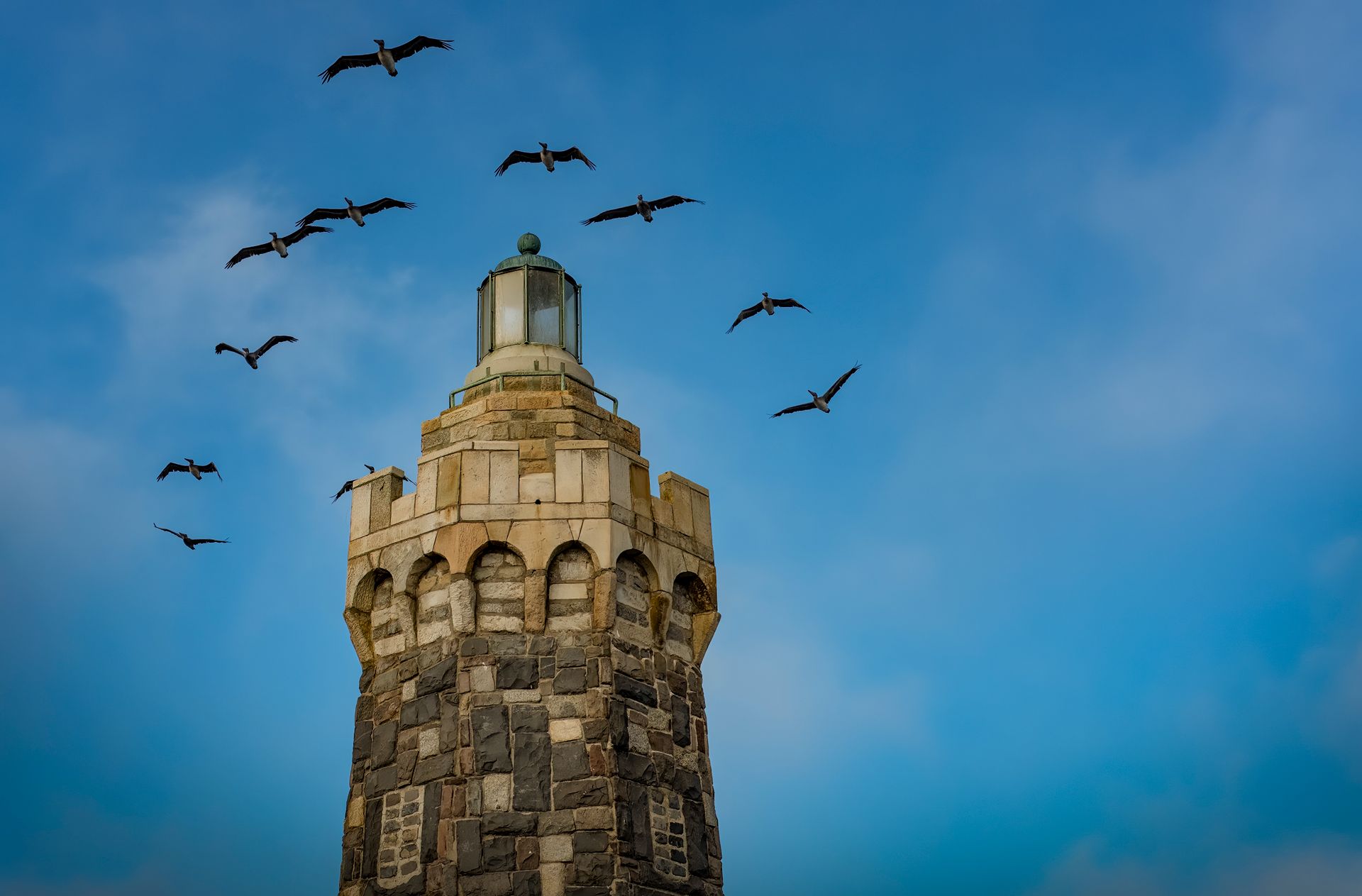 Historic lighthouse in San Francisco with birds soaring against a clear blue sky.