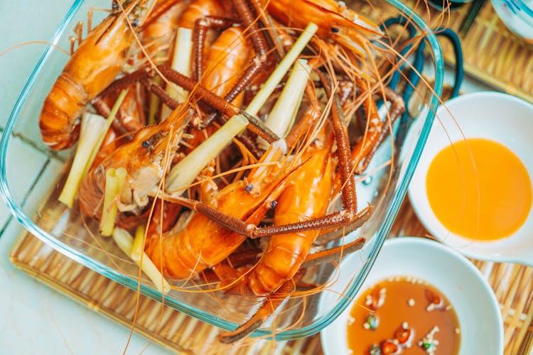 Cooked Shrimps On A Glass Bowl