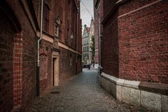 Explore a quaint cobblestone alleyway surrounded by historic brick buildings on a quiet day.