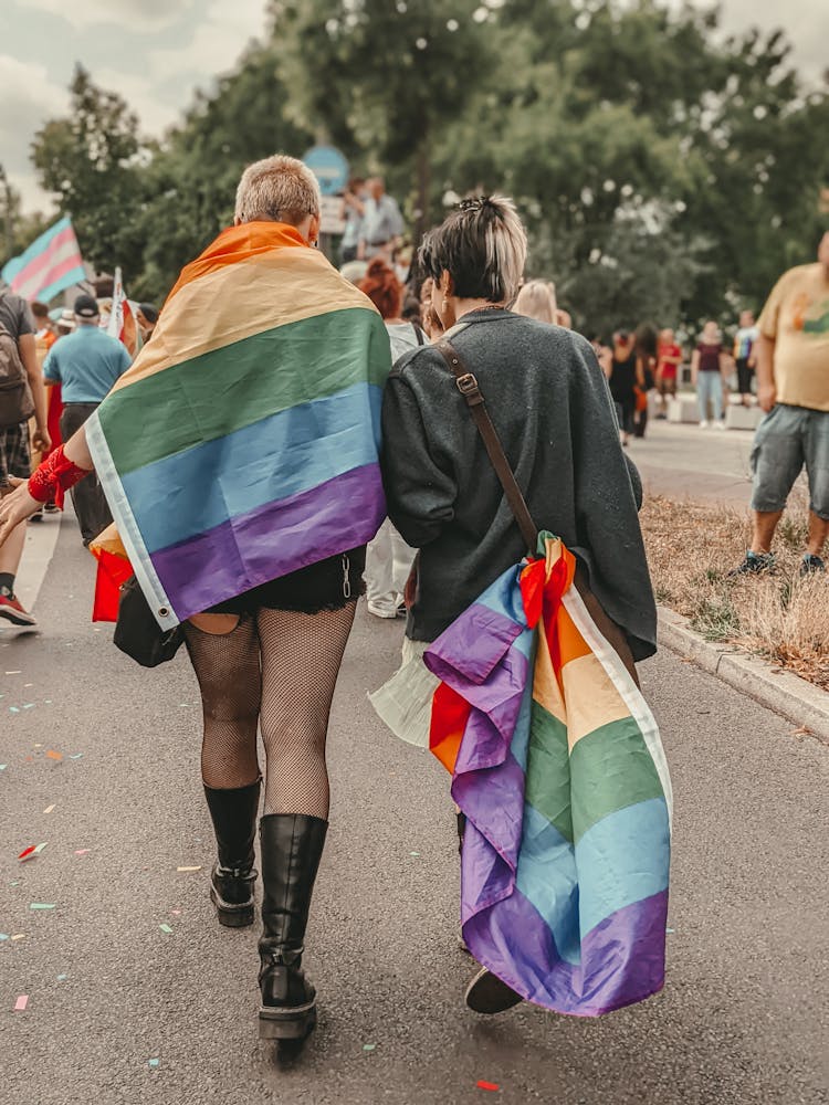 People With Flags On Street Demonstration