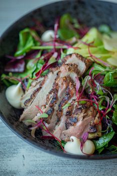 Sliced grilled duck breast served on a bed of fresh greens with a touch of dressing.