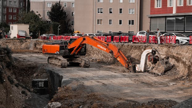 Photo by Alimurat Üral Excavators operating at an urban construction site, surrounded by residential buildings.
