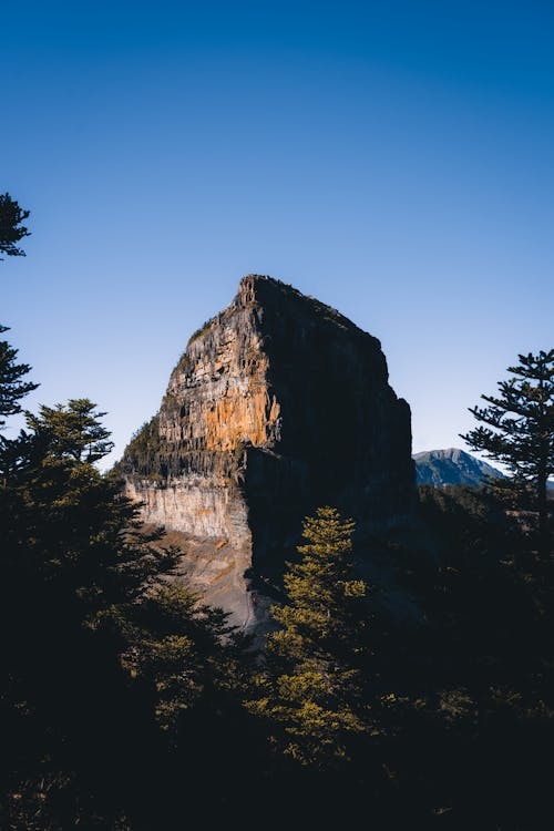 An Aerial Photography of a Rock Formation Between Trees Under the Blue Sky