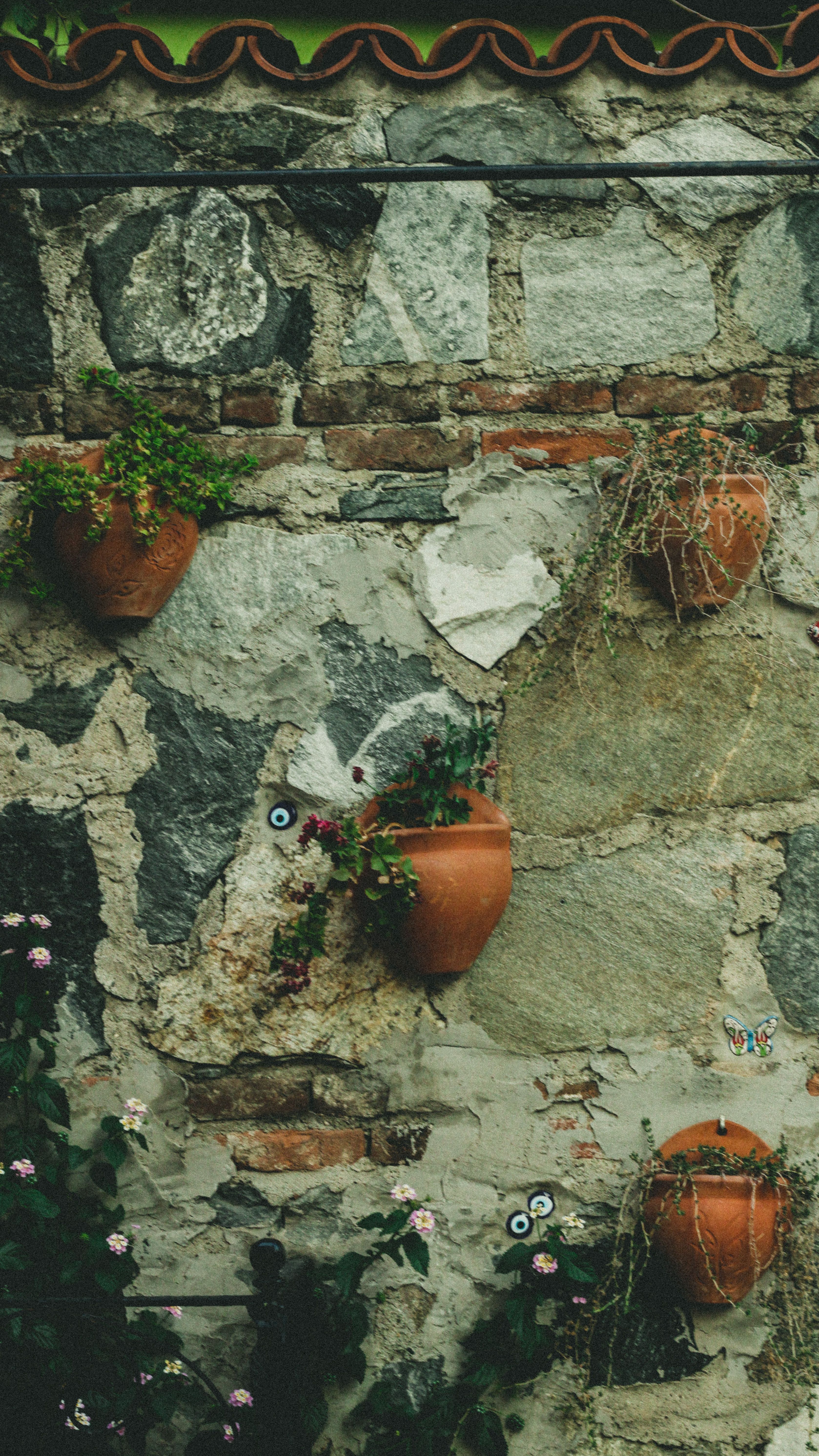 Muro in pietra con vasi in terracotta e piante