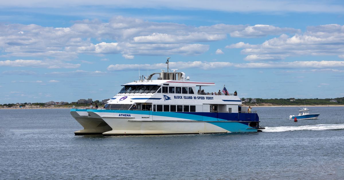 Athena ferry cruising in Newport, RI, offering scenic views. Ideal for travel and tourism imagery.