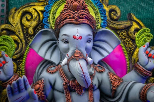 Vibrant Lord Ganesha statue from Ganesh Chaturthi celebrations in Mumbai.