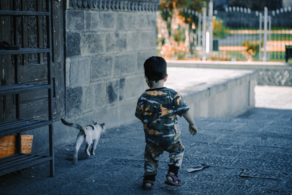Żwirek dla eko rodzin — naturalny i bezpieczny wybór 5 A toddler in camouflage clothes follows a cat on a stone pathway outdoors.