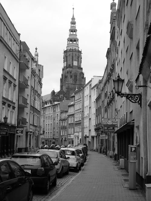 Grayscale Photo of Cars Parked on Street in Between Buildings