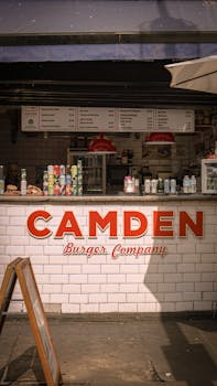 Street view of Camden Burger Company showcasing fast food options in England.