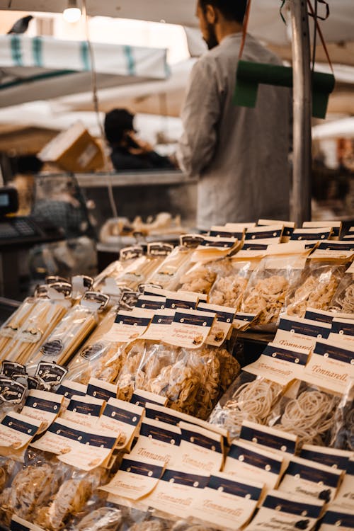 Variety of Pasta on a Market Stall 