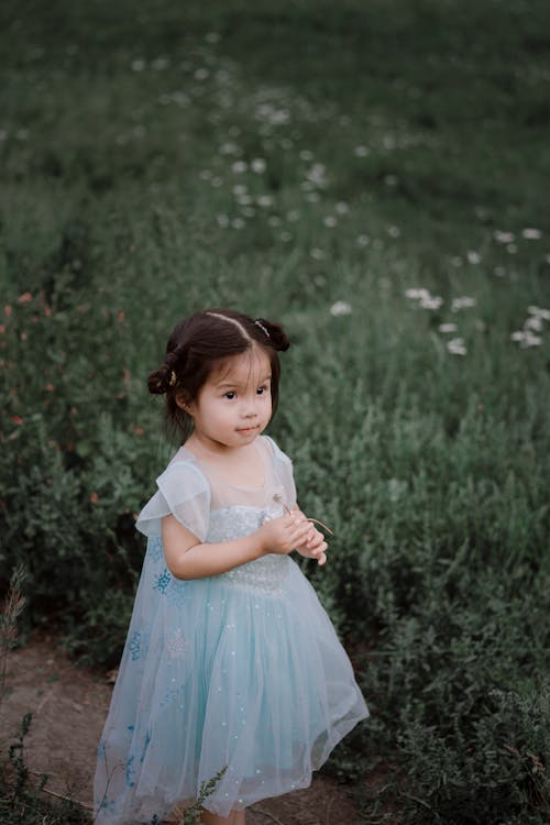 Cute Baby Girl in a Tulle Dress Outdoors 