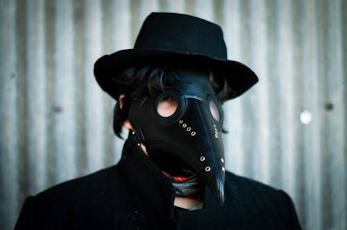 Man in a Leather Mask of a Medieval Plague Doctor and Black Hat