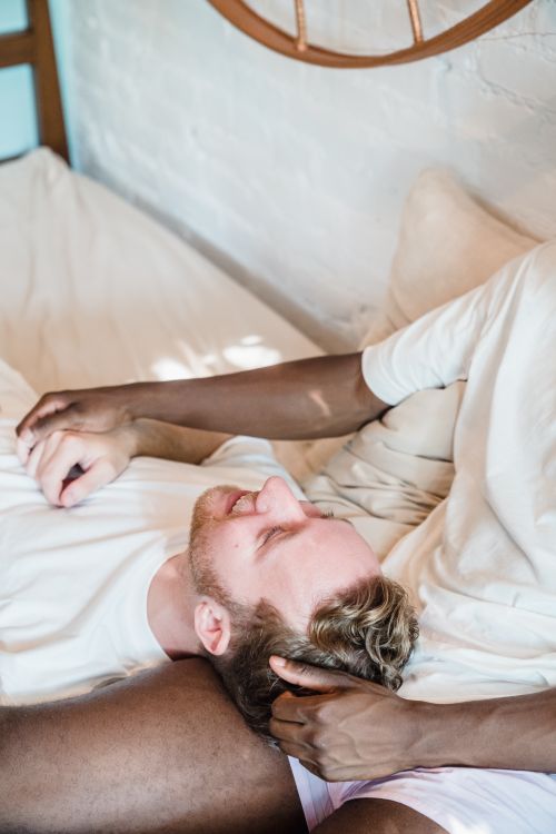 Free Heartwarming image of a happy gay couple enjoying a peaceful morning together, symbolizing love and comfort. Stock Photo