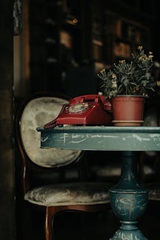 A vintage red rotary phone sits on an antique café table with a potted plant.