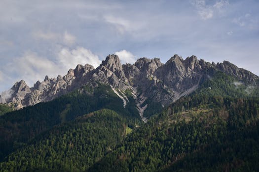 Breathtaking view of rocky mountains and lush forest under a vibrant blue sky.