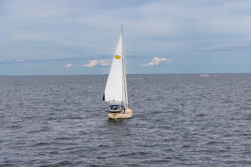 Free A sailboat gliding on the vast ocean waters under a blue sky in New Shoreham, Rhode Island. Stock Photo