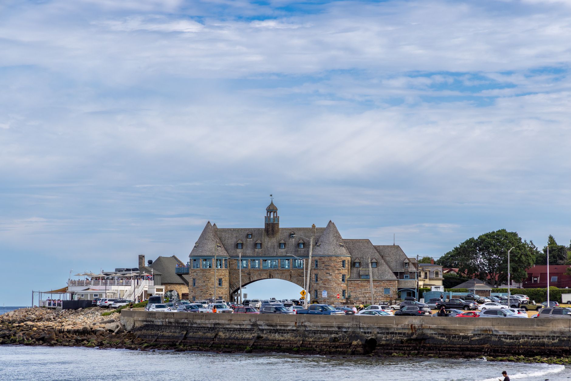 Charming coastal view of The Towers amid serene blue skies in New Shoreham, Rhode Island.
