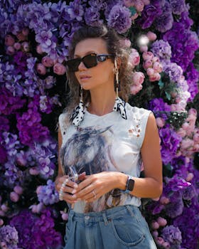 Fashionable woman wearing sunglasses poses with purple floral backdrop outdoors in Dubai.