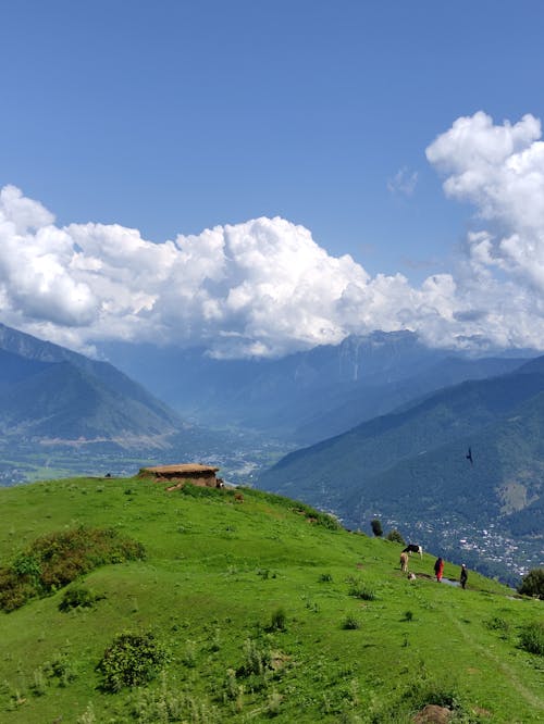 Grass Field Near Mountain under Blue Sky and White Clouds