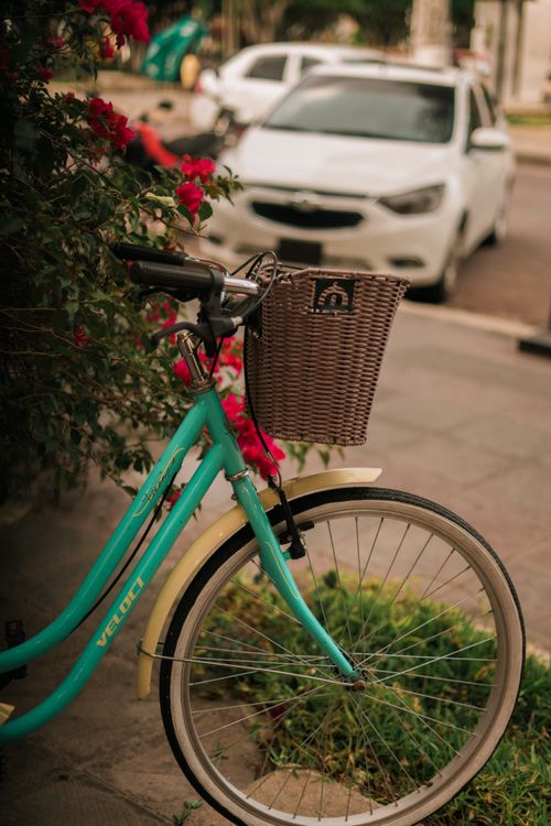 Free A parked turquoise bicycle with a brown basket beside blooming flowers on a city street. Stock Photo