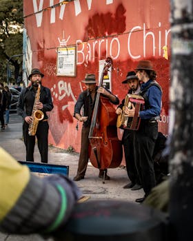 A lively street performance by a band of male musicians in Buenos Aires, Argentina.