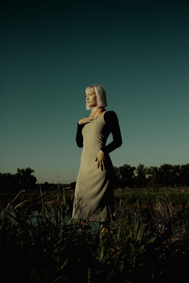 Woman With Platinum Hair Posing On A Field 