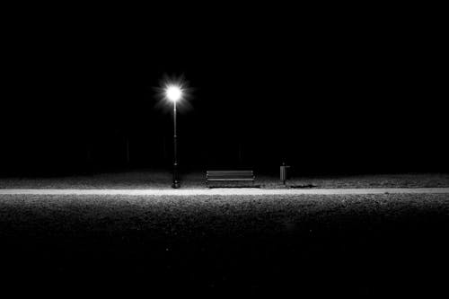 Grayscale Photo of a Bench near a Light Post