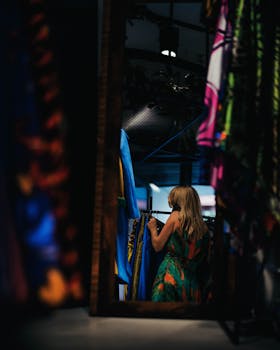 Woman browsing vibrant clothing in a boutique, reflected in a mirror.