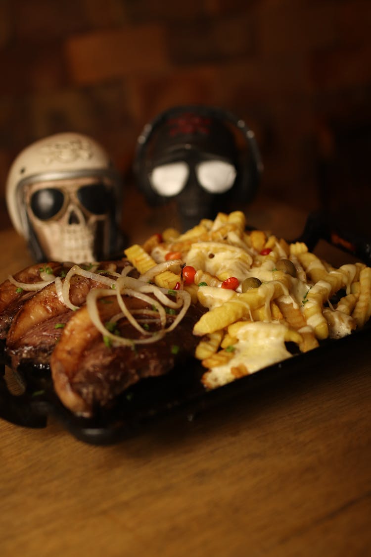 Roasted Meat, Fires With A Cheese And Toy Skulls