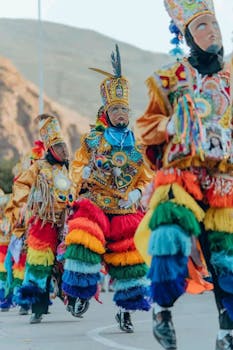 A lively parade featuring traditional dancers in vibrant costumes celebrating cultural heritage.