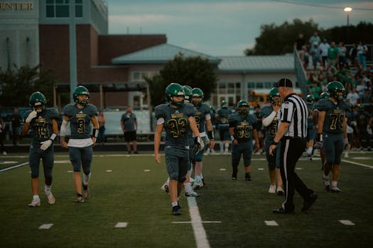 Football players and referee on field during a high school game at dusk.