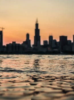 日落时分，芝加哥的天际线倒映在密歇根湖的水面上