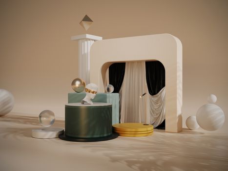 Elegant abstract interior setup featuring geometric sculptures and modern decor.